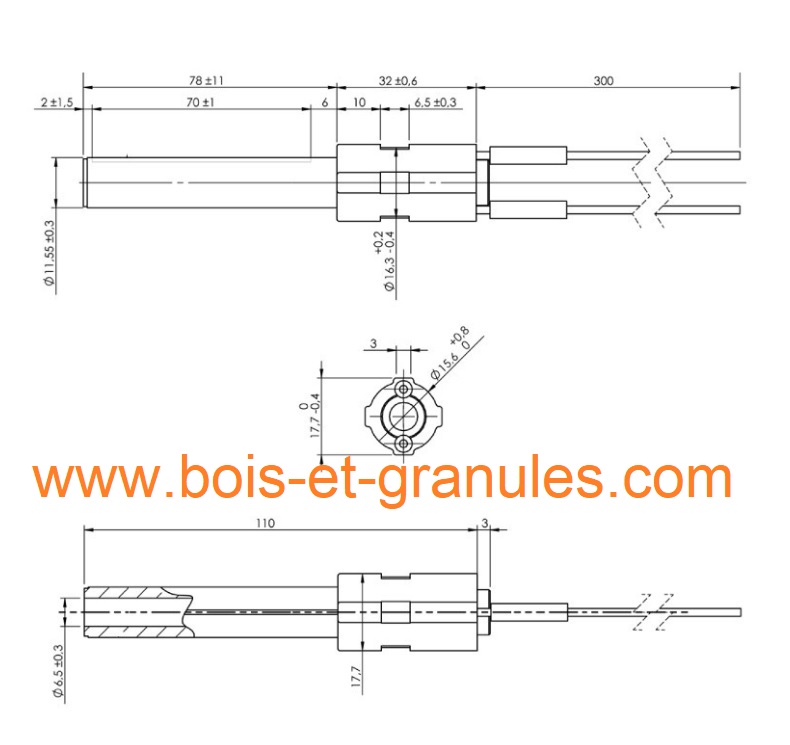 pièces détachées de sanitaire et chauffage chandelle céramique PSX-6 ,  résistance d'allumage pour poêle à pellets